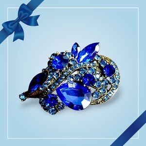 Blue Rhinestone Floral Spray Brooch